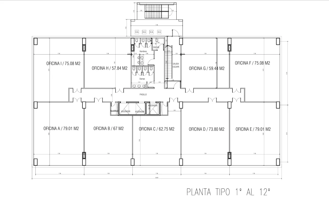Oficinas de superficices variadas — Posibilidad de unificar oficinas, todas con acometidas de agua, cloaca y luz, posibilidad de reliazar privados con baños y kiychenette.
Baños comunes por piso, acceso aterraza en piso 13.
Posibiliad de cocheras en PB o primer sub suelo.